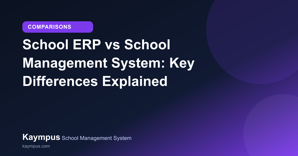 Split illustration comparing a school ERP dashboard with a school management system for Indian schools.